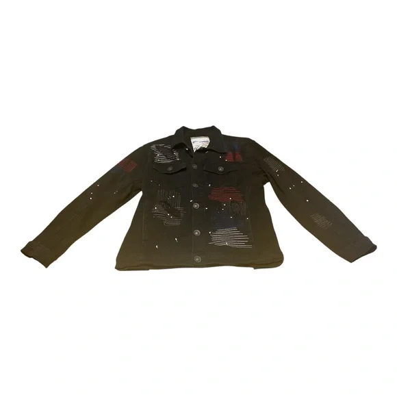 Road Narrows NYC Black Denim Button Down Jacket Size L Embroidered Distressed - Picture 2 of 16